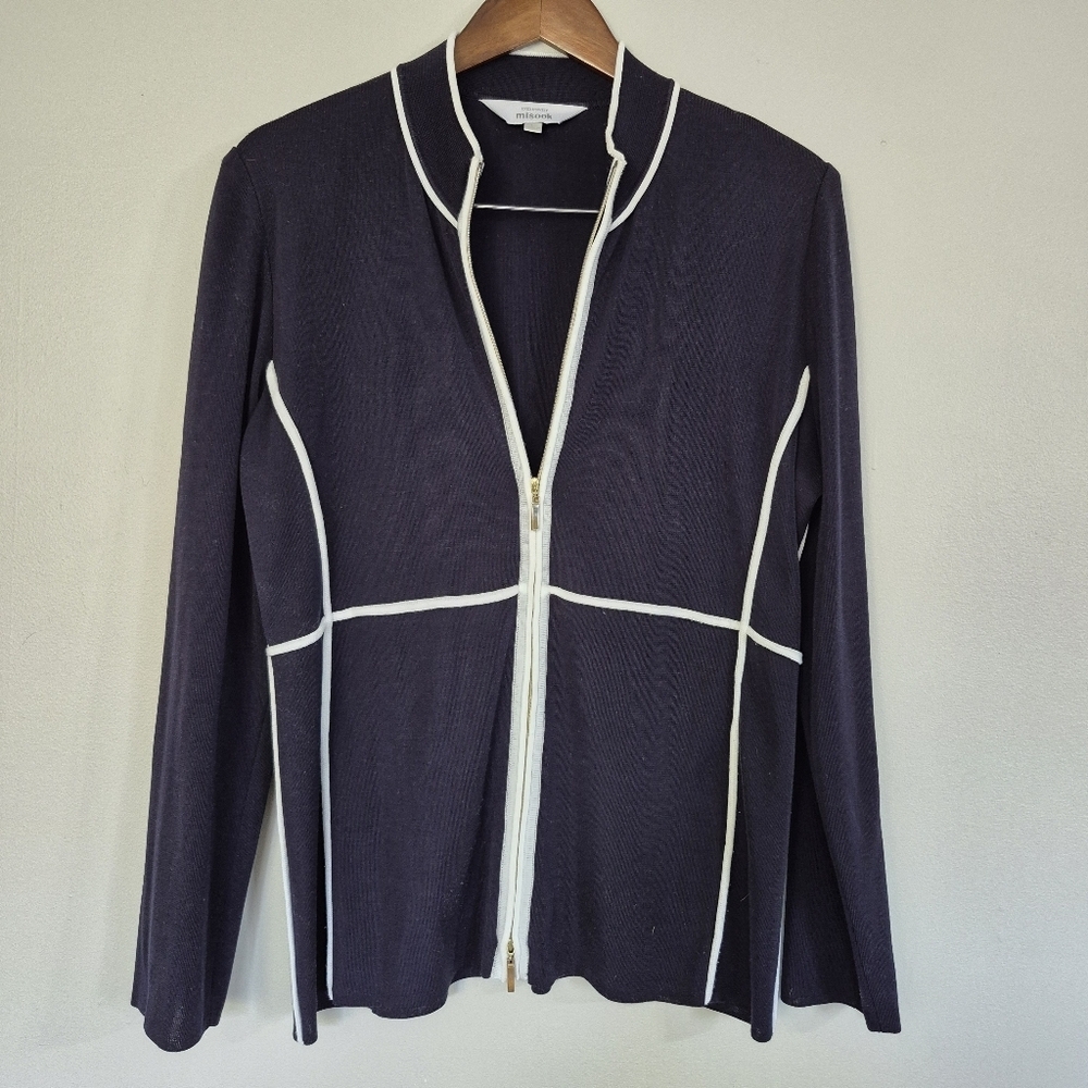 Misook Exclusively Navy With White Full Zip Knit Sweater White Piping Large